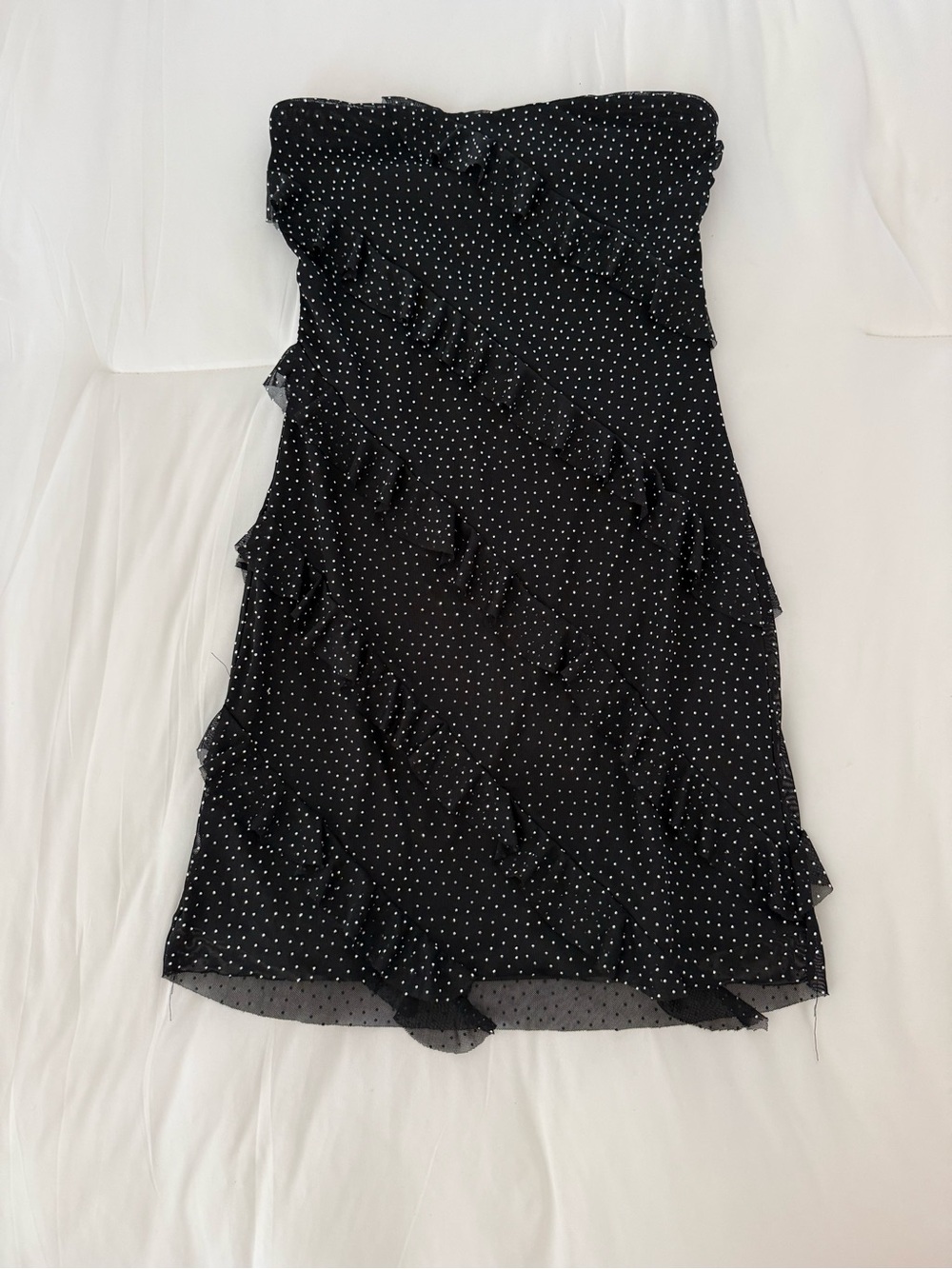 Lucy in the Sky Black and White Polka Dot Strapless Ruffle Midi Dress